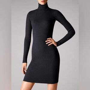 NWT Wolford Merino Wool Rib Sweater Dress Turtleneck Bodycon Stretch Black Sz L